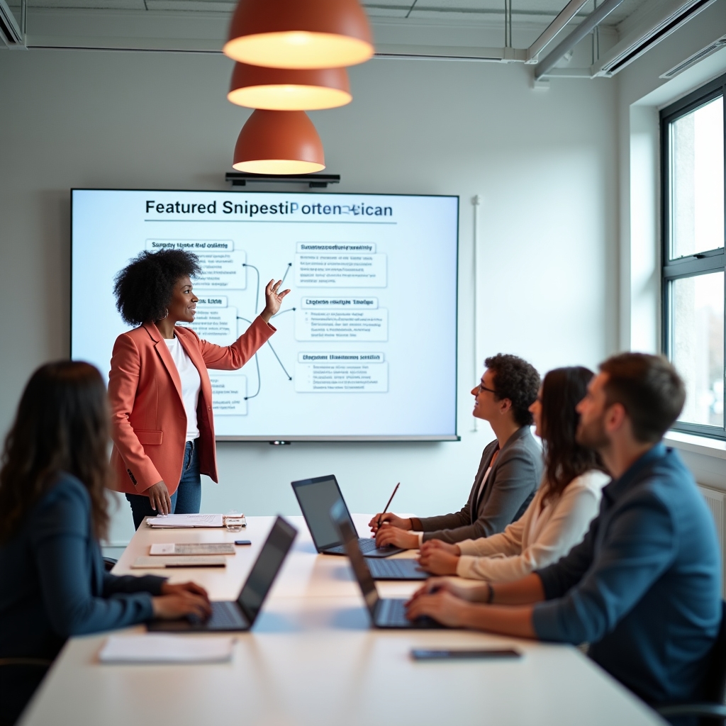 Workshop facilitator presenting featured snippet optimization concepts to a small team of content writers in a bright conference room