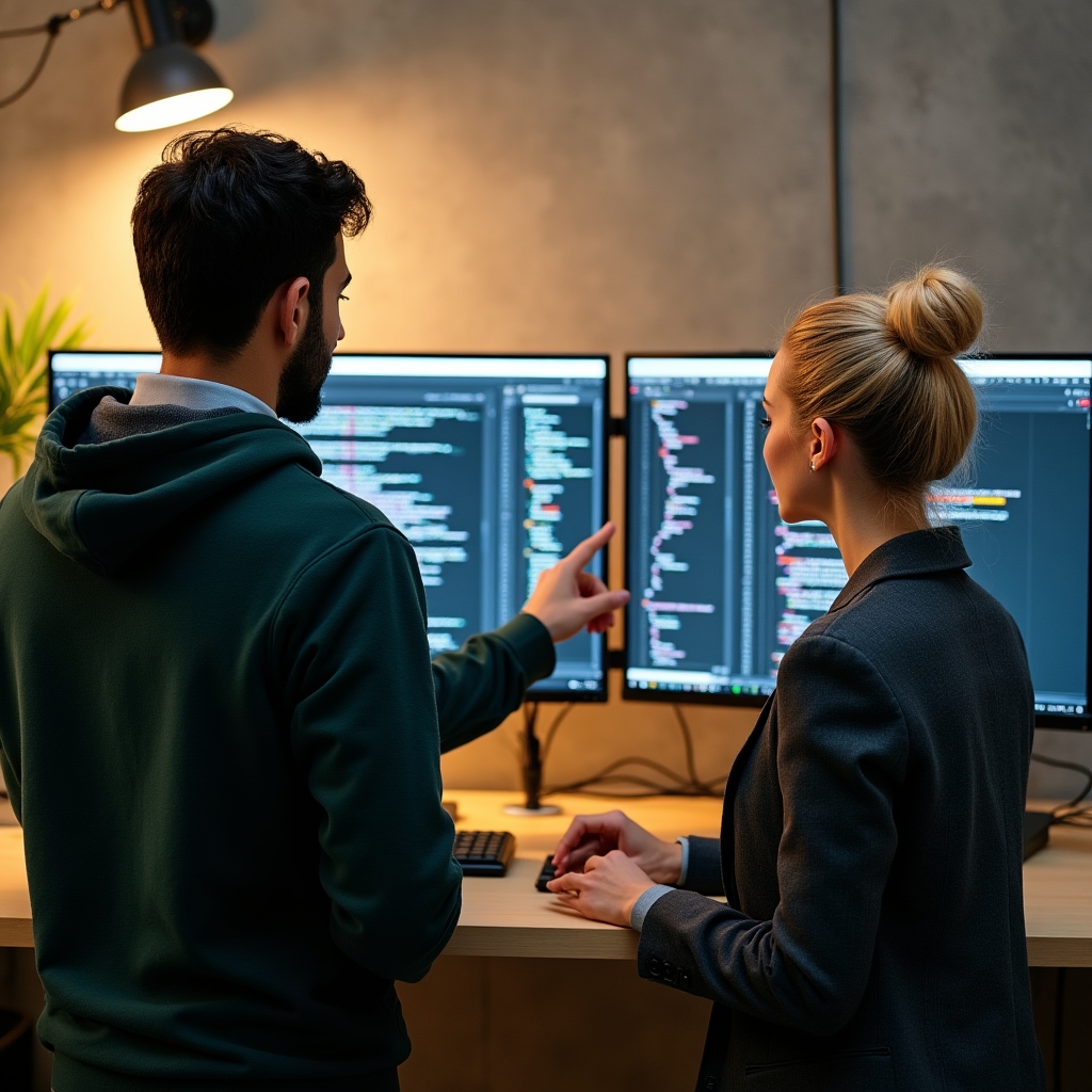 Developer and SEO specialist reviewing schema markup code on dual monitors in a modern office setting