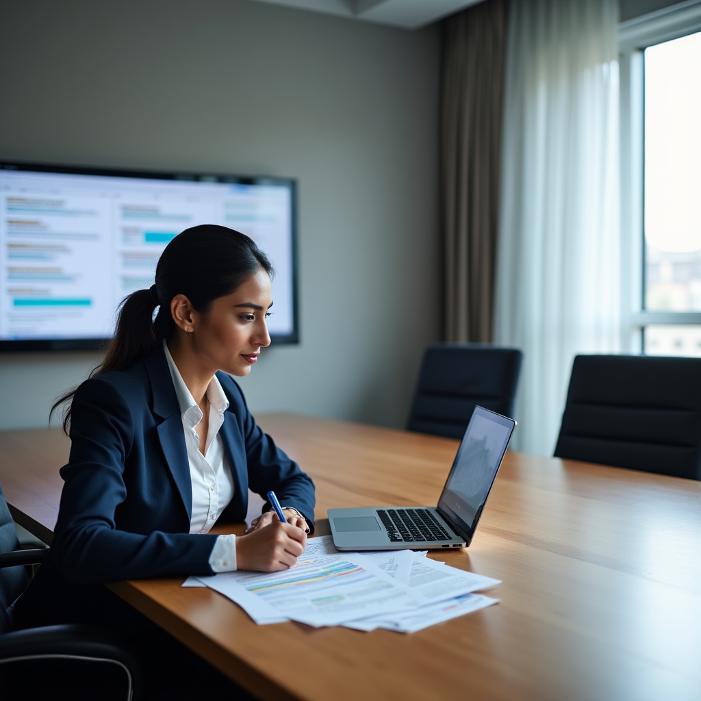 Analyst reviewing search result data on multiple monitors in a modern workspace